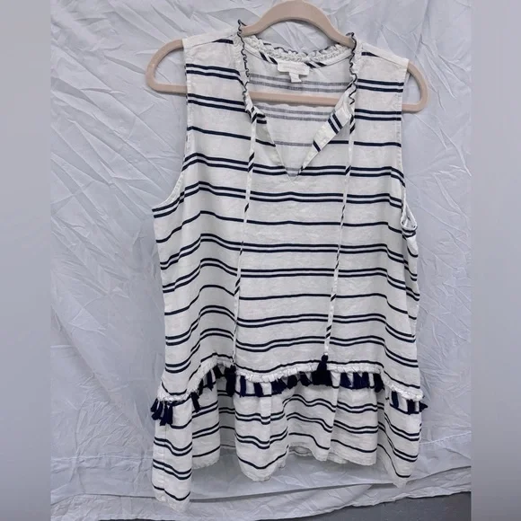 Charter Club Linen Striped Sleeveless Tunic Top with Tassels sz XL - Picture 2 of 9